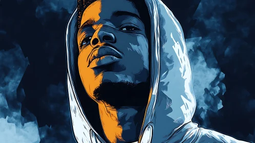 Hooded man rendered in high contrast blue and orange lighting