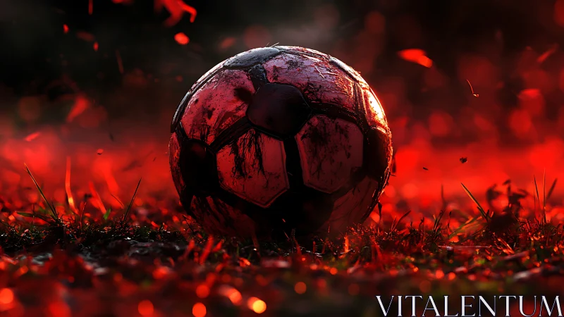 Weathered soccer ball on wet grass in red backlighting.