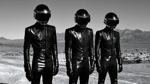 Triadic chrome-helmeted figures in arid planetary expanse.