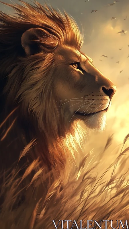 Lion profile glows in golden sunset savanna light.