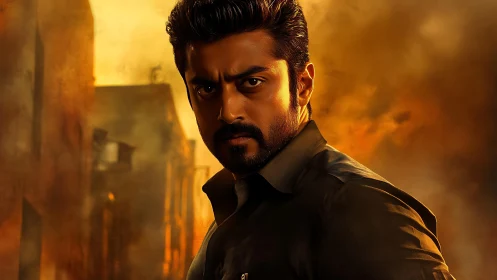 Intense male portrait amid cinematic golden smoke backdrop.