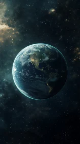 Planet Earth in deep space with illuminated night continents.