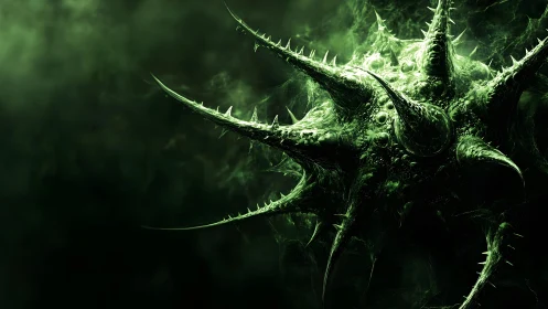 Spiky Virus-Like Organism in Dark Green Digital Art Style.