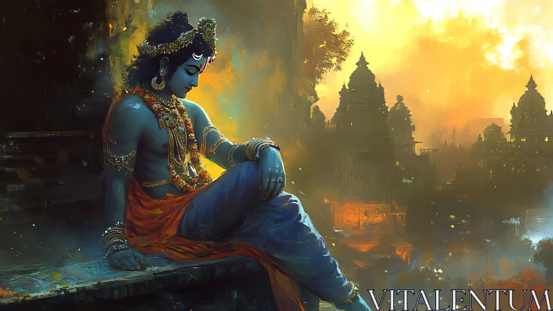 Twilight blue deity watching temples bloom in molten dusk.