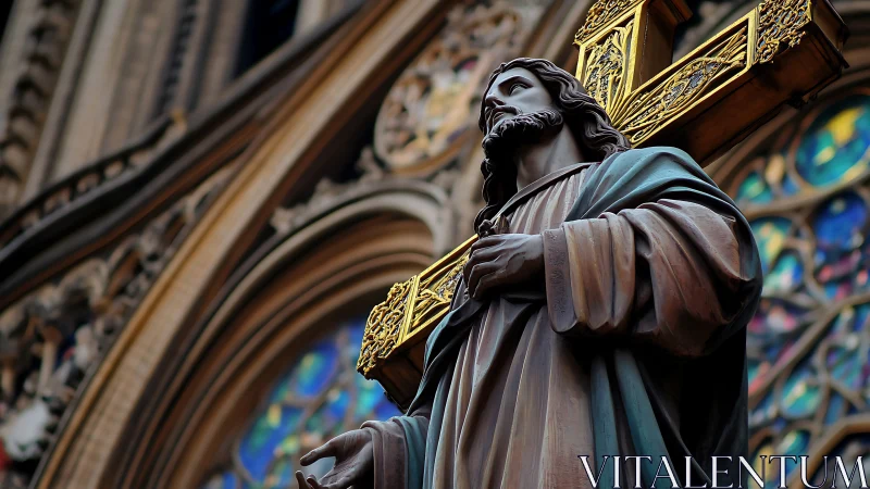 Serene church statue holding ornate golden cross with grace.