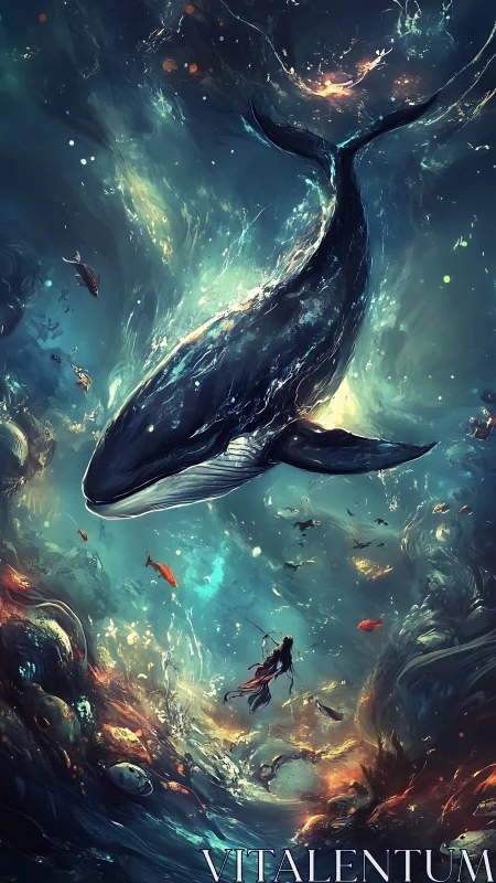 Luminescent cetacean vortex with submerged human observer.