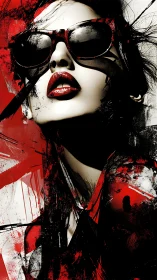 Portrait of woman in sunglasses with abstract red overlay.