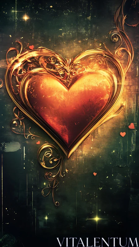 Golden Ornate Heart Against Dark Grunge Background.