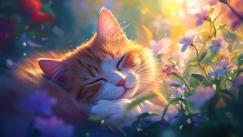 Golden Cat Surrounded by Blooming Flowers in Mystical Light