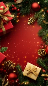 Festive red Christmas flatlay frames central negative space