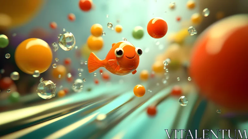 Playful Cartoon Goldfish Surrounded by Colorful Floating Bubbles.