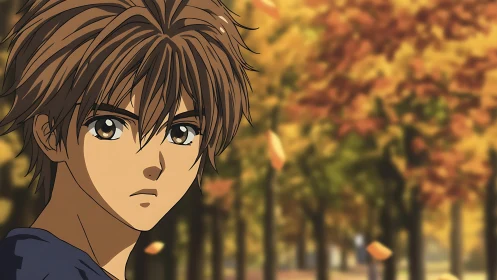Quiet autumn moment as an anime boy pauses in thought