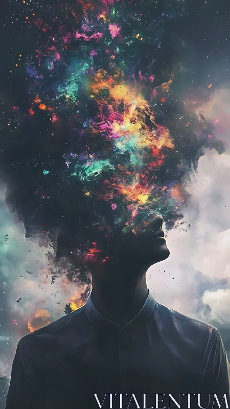 Silhouetted figure merges into vertical multicolored nebula