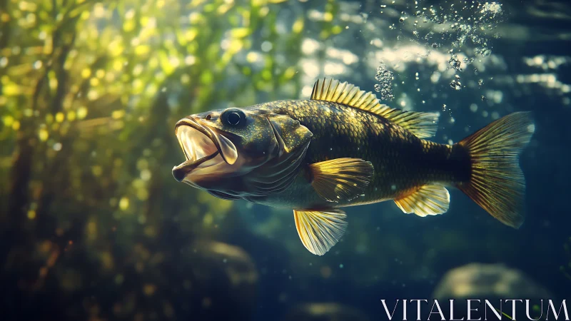 Underwater view shows single fish swimming in lit habitat