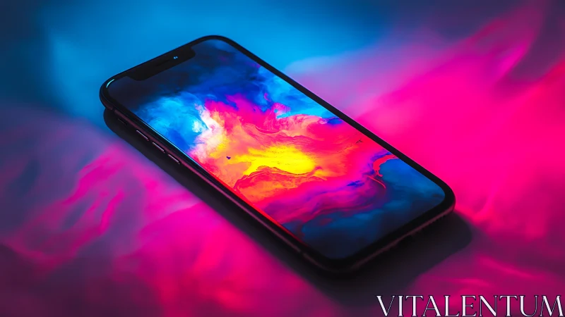 Black smartphone displaying vibrant liquid gradient wallpaper.