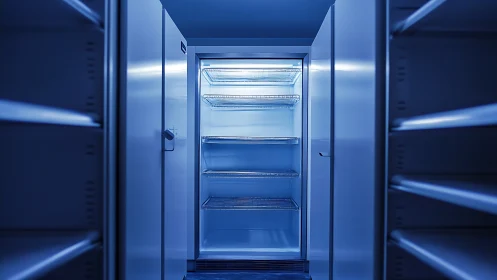 Industrial walk in refrigerator interior with empty shelves.