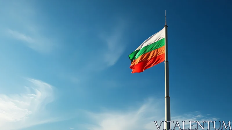 National tricolor flag on tall mast against clear blue daytime sky