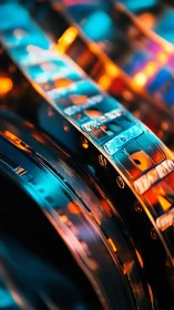 Macro closeup of perforated 35mm film reels in teal orange light