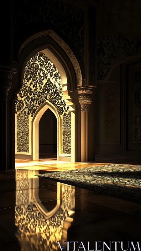 Golden archway of light inside a quiet ornamental hall.