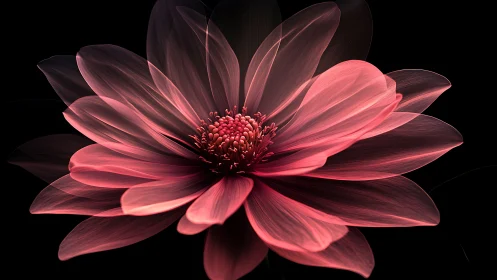 Translucent pink digital flower on deep black background.