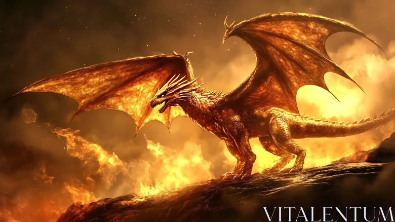 Fiery two headed dragon standing in molten landscape.