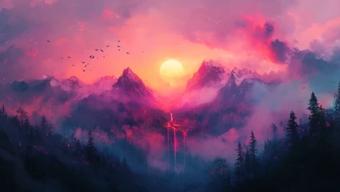 Dreamy sunset mountains glowing above misty forest valley.