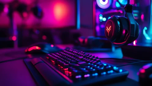 Neon nightshift keyboards and hovering gamer headsets glow.