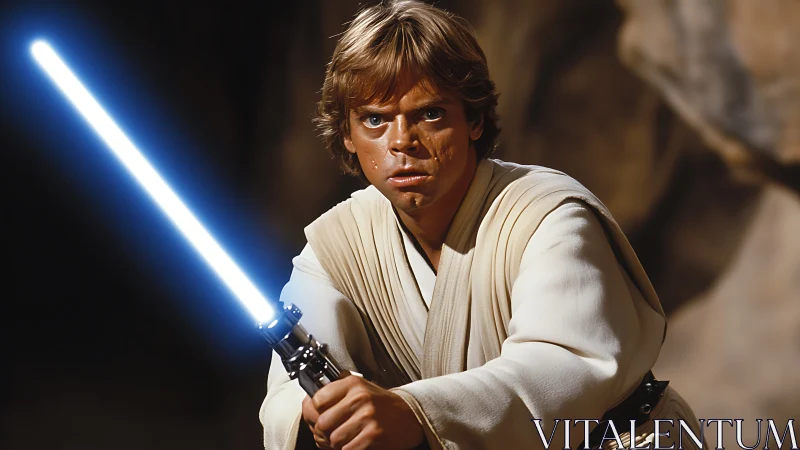 Cinematic sci fi warrior with glowing plasma sword in desert