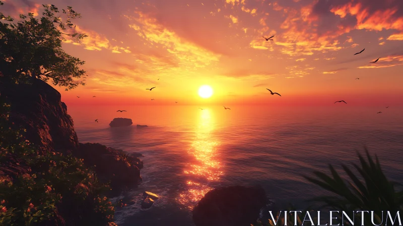 Radiant tropical sunset over rocky coast and open sea.