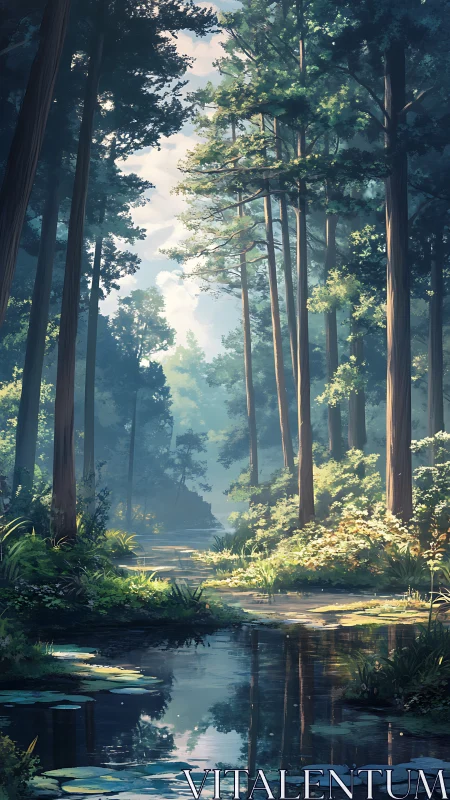 Forest Stream with Tall Trees and Filtered Sunlight.