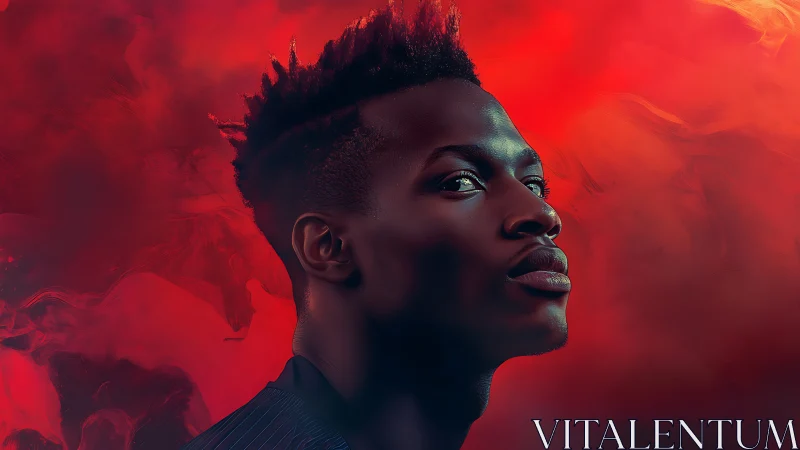 Side profile portrait against abstract red background.