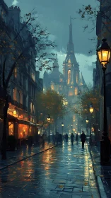 Rain-slicked Paris promenade beneath a dreaming cathedral.