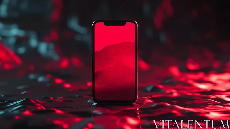 Modern smartphone on reflective surface with dramatic red lighting. Modern smartphone on reflective surface with dramatic red lighting.