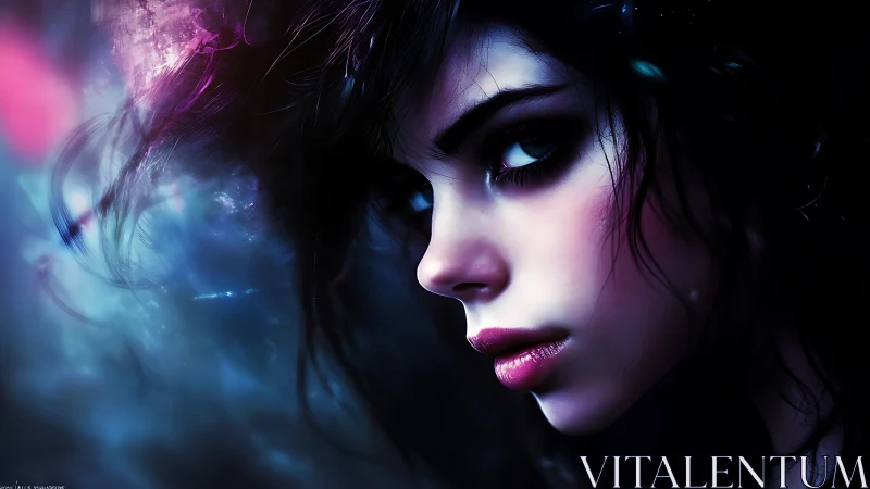 Nebula-lit gaze slices through electric midnight silence