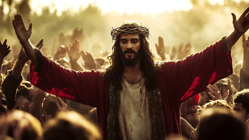 Crowd-focused religious leader in red robe under warm backlighting