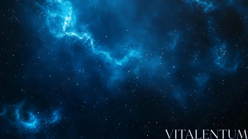 Blue cosmic nebula drifts through a star-filled deep space.