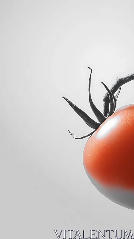 Tomato close-up with stem on neutral gray background.