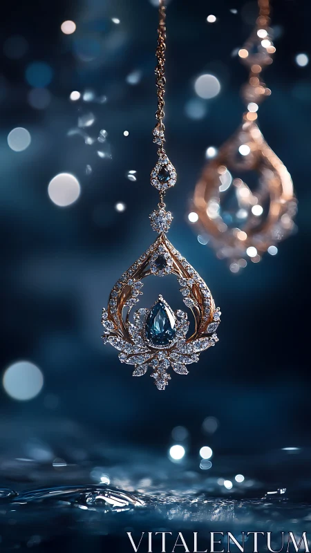 High-contrast macro view shows jeweled pendant over rippling water