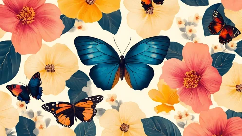 Butterflies with hibiscus flowers on light botanical background.