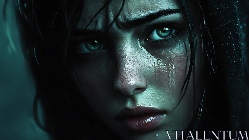 Stormlit gaze of the rain-soaked rebel in teal shadows.