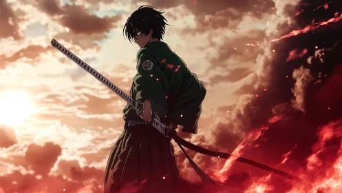 Lone anime swordsman commands sunset horizon and fire