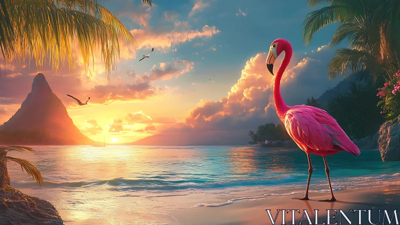Pink flamingo stands on beach at tropical sunset with mountain backdrop.