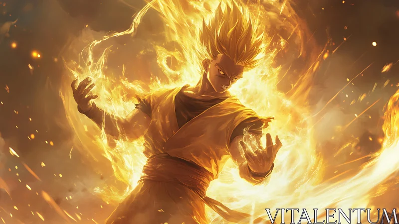 Blazing warrior ascends in a storm of golden power.