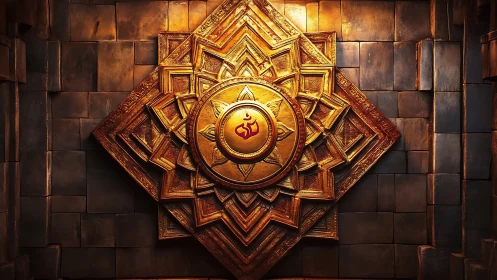 Geometric golden mandala plaque on textured stone wall.
