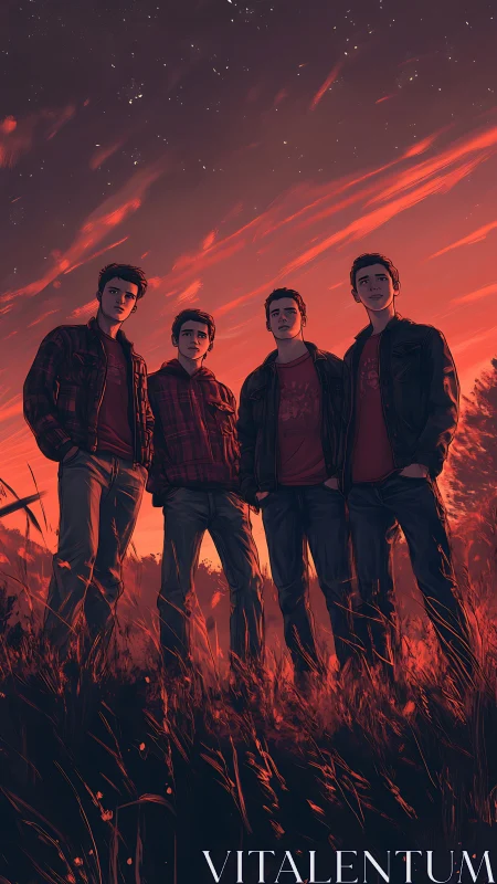 Twilight friends standing strong beneath glowing skies.