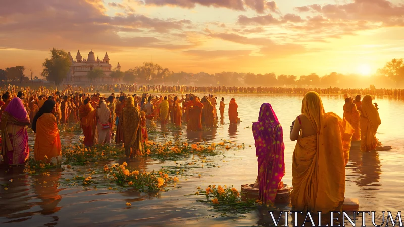 Sunrise river ritual with sari-clad devotees and floral offerings.