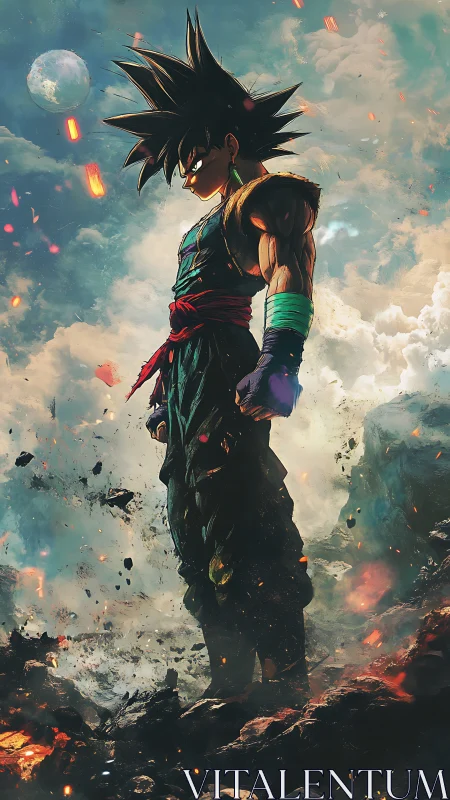 Saiyan warrior stands amid cosmic storm of fire and clouds.