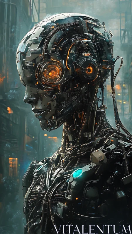 Cybernetic humanoid profile with glowing neural core.