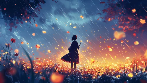 Backlit silhouette girl in rain over glowing bokeh flower field