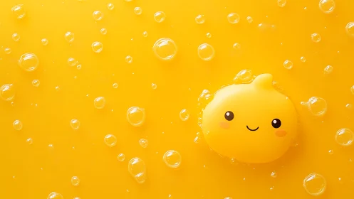 Cheerful yellow blob character floating in bubbly sunshine.